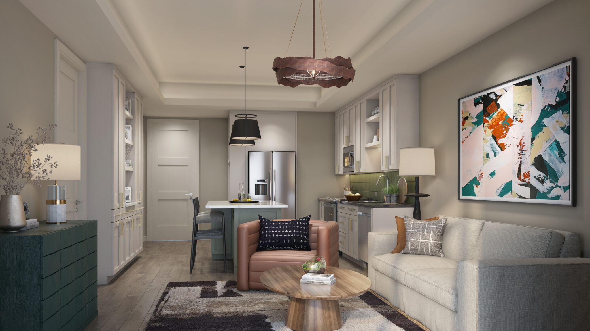 The Everett’s one-bedroom residences offer custom home features such as cove lighting, dimmable fixtures, and extensive built-in cabinetry, with spa-grade bathrooms designed for ultimate relaxation.