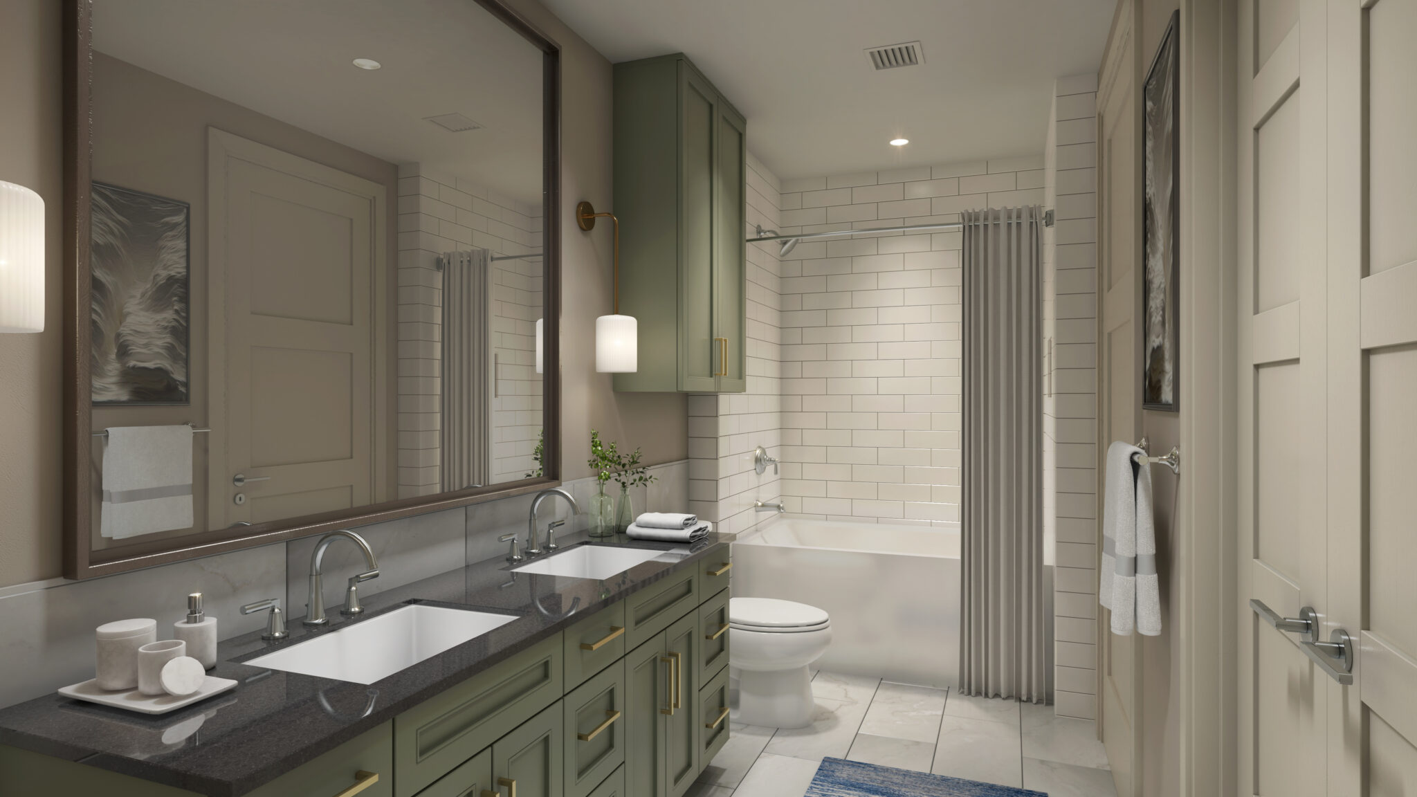 The Everett’s one-bedroom residences offer custom home features such as cove lighting, dimmable fixtures, and extensive built-in cabinetry, with spa-grade bathrooms designed for ultimate relaxation.